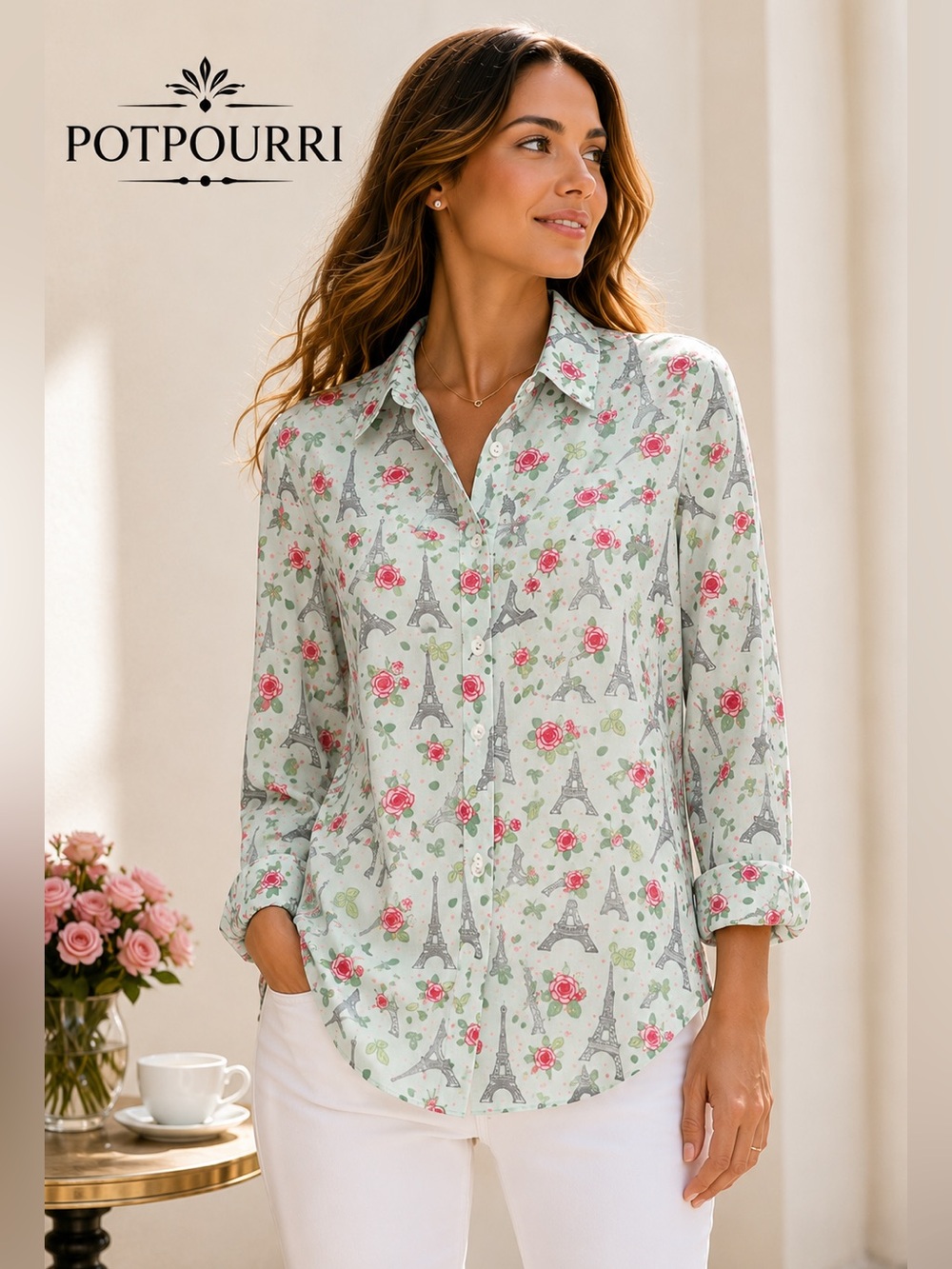 Potpourri Paris Eiffel Tower Rose Print Button Front Blouse Romantic Chic Size M